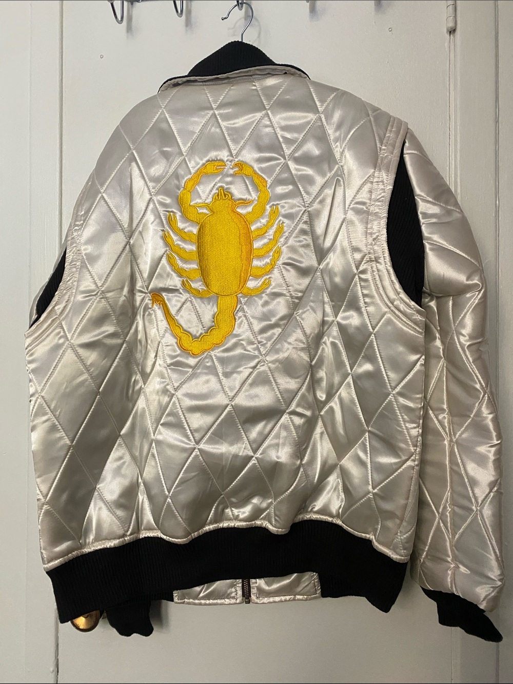 Quilted Satin Bomber Jacket with Yellow Scorpion Patch - Cream